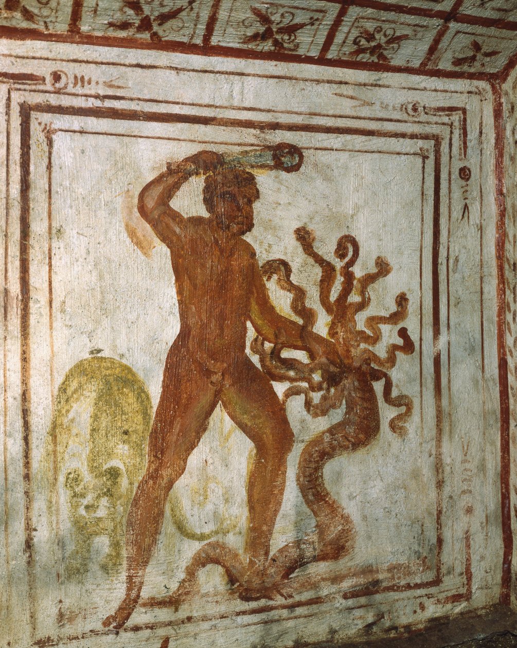 Hércules e Lernaean Hydra, fresco, Via Latina Catacomb, Roma, Itália, século IV de Roman