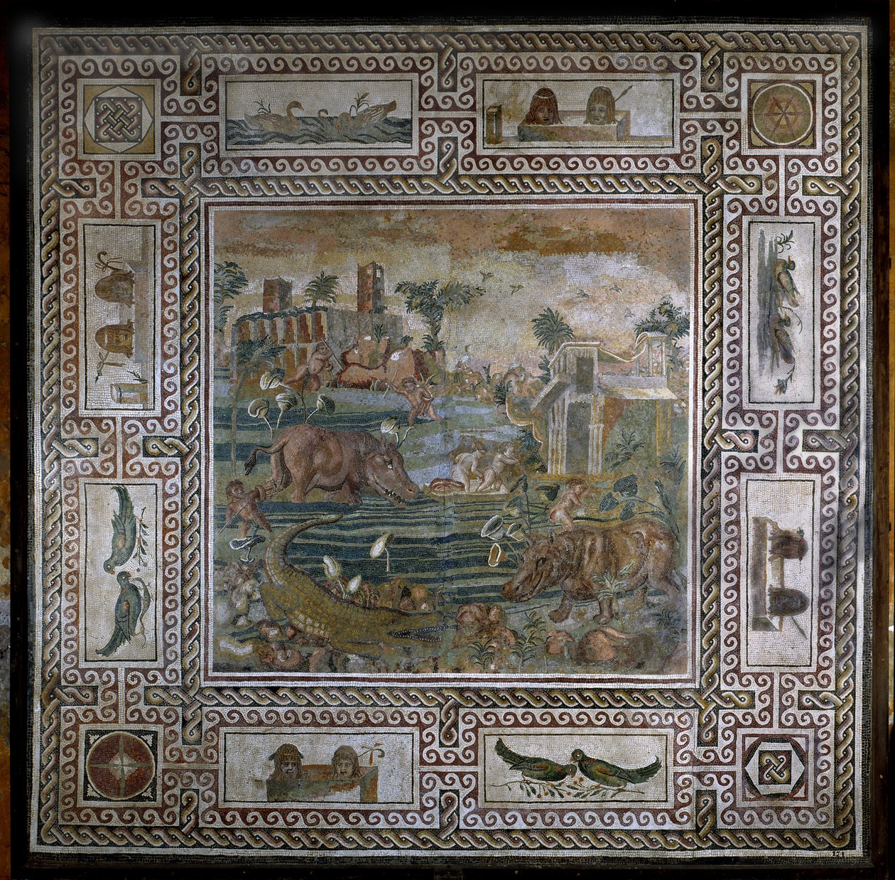 Hippopotamus caçar no Nilo (mosaico) de Roman