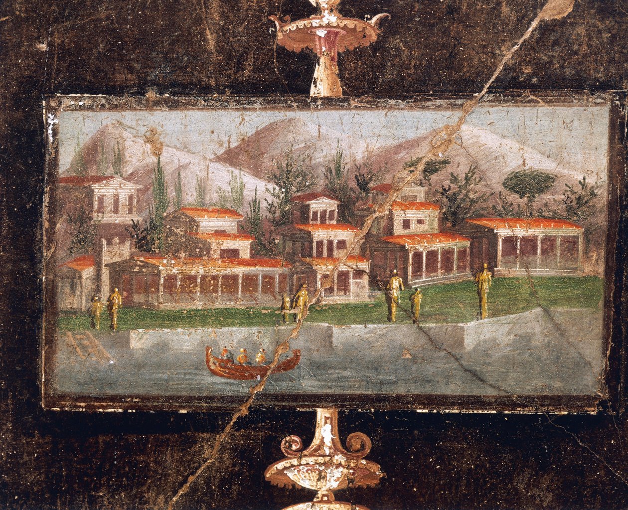 Paisagem e arquitetura em pintura mural em tablinum, Casa de Marco Lucrezio Fronto, Pompéia, Campânia, Civilização Romana de Roman