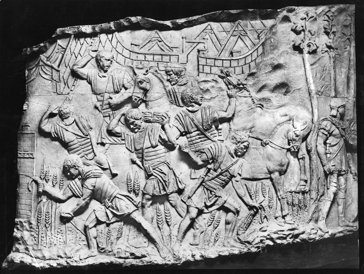 Legionários colhendo cevada, um elenco retirado da Coluna de Trajans, AD 110-113 (gesso) de Roman