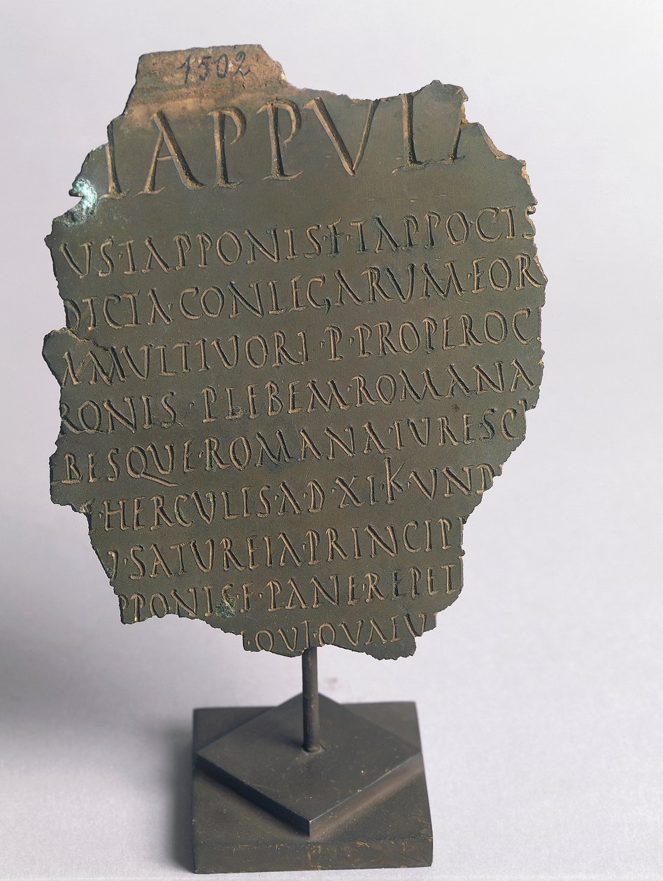 Lex Tappula, fragmento de lei satírica elaborada pelo círculo de convivência de Vercelli, paródia escrita na mesma forma que as leis plebiscitárias romanas, fazendo parte dos leges conviviales que foram transmitidos por Festo, bronze, civilização romana. de Roman