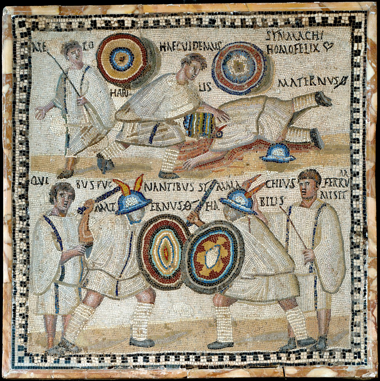 Mosaico representando a luta entre dois equites chamados Simmachius e Maternus, romanos, século III dC de Roman