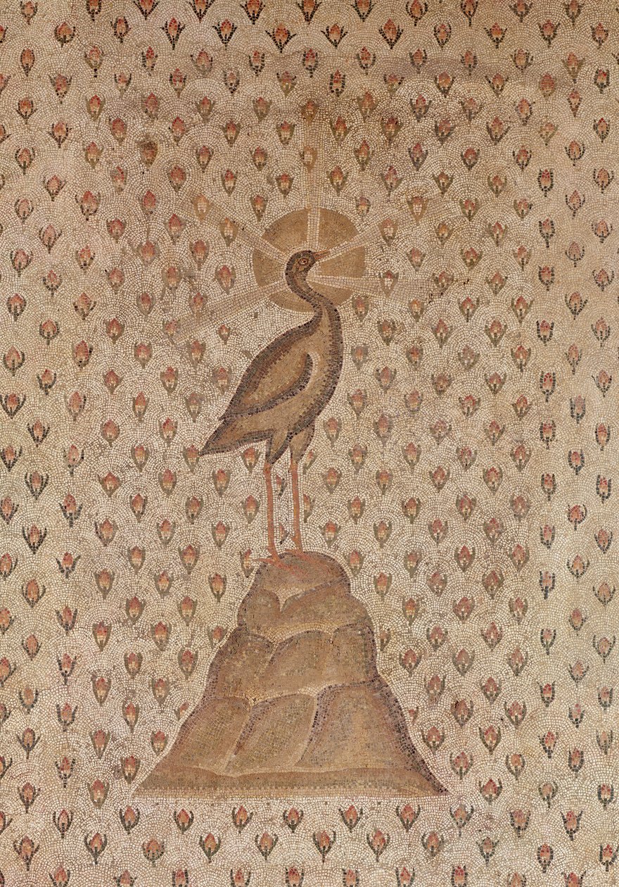Pavimento de mosaico, detalhe de motivo central representando uma fénix sobre uma cama de botões de rosa, a partir do pátio de uma villa em Daphne, Antioquia, Romano, final do século V aC e detalhes em mosaico de pedra calcária de 1 de Roman