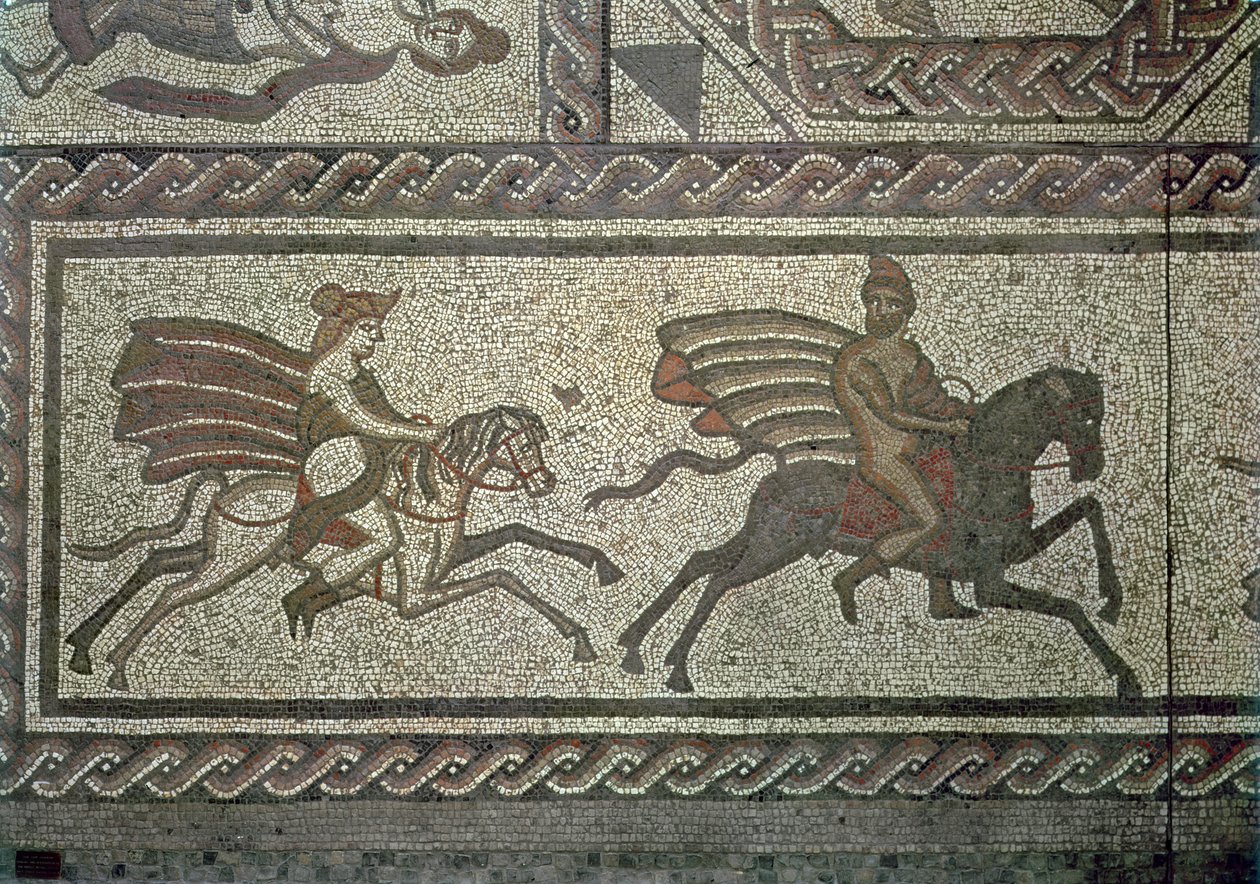 Pavimento em mosaico da vila romana em Low Ham, ilustrando a história de Dido e Enéias de Virgils Aeneid, detalhe de mosaico c.350 AD de 5959 de Roman