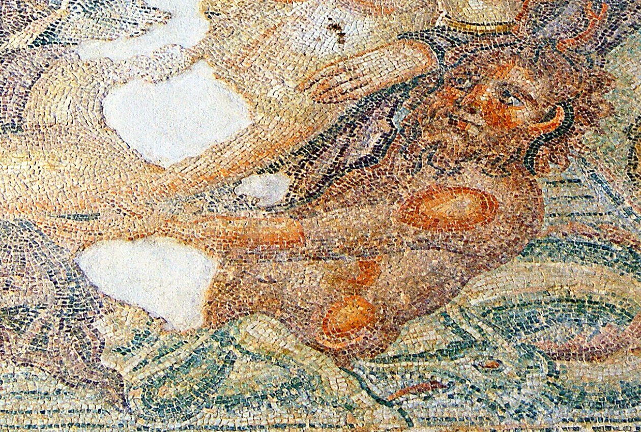 Nereides e Bythos, detalhe do mosaico de Bythos, Casa de Aion, Paphos, Chipre de Roman