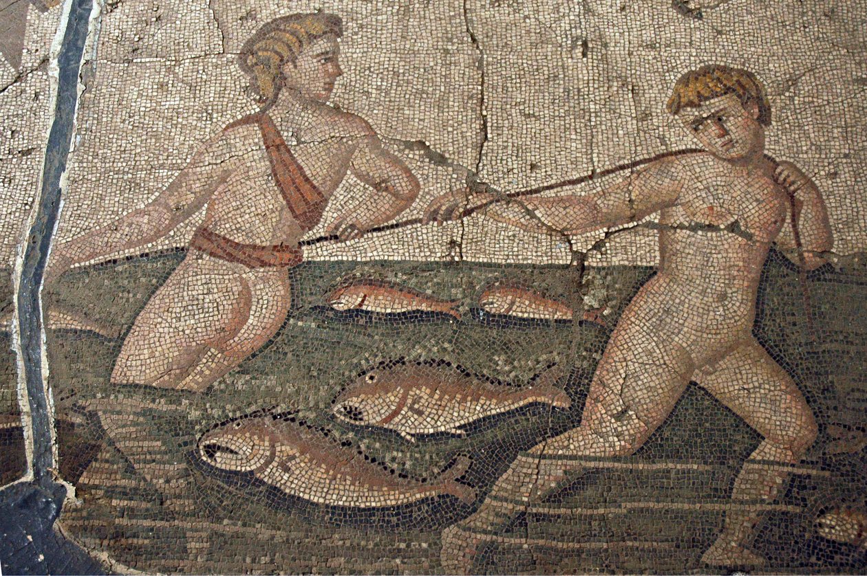 Pescadores nus do mosaico de Thalassa the Sea, de Harbiye, Hatay (mosaico) de Roman