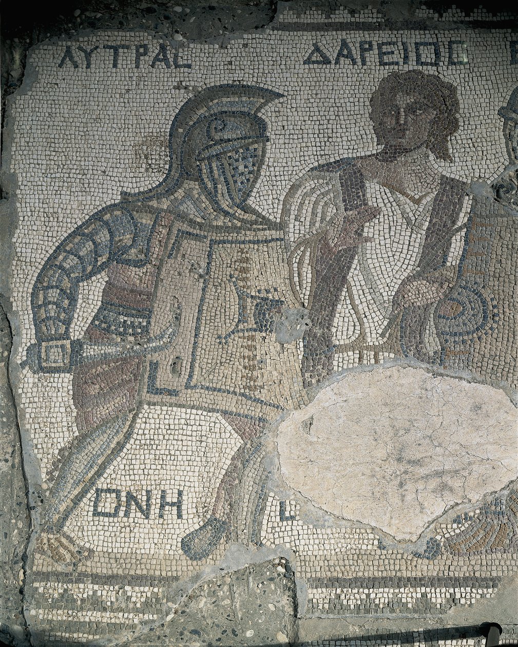 Pintura de dois gladiadores numa parede de mosaico, Kourion, Limassol, Chipre de Roman