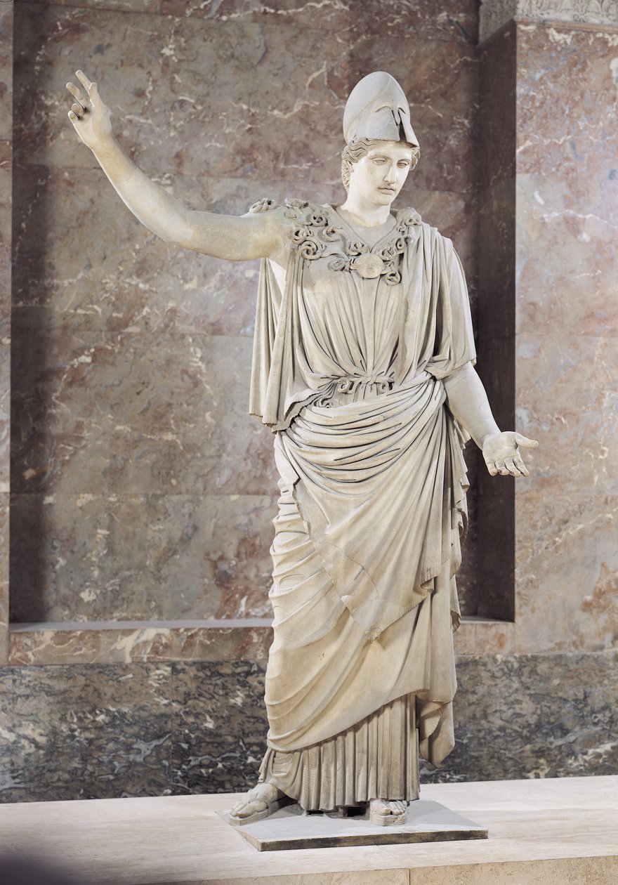 Pallas de Velletri, estátua de Atena com capacete, cópia romana de um original grego atribuído a Alkamenes ou Cresilas, c.420-10 aC (mármore) (ver 164612 a 164615 para detalhes) de Roman