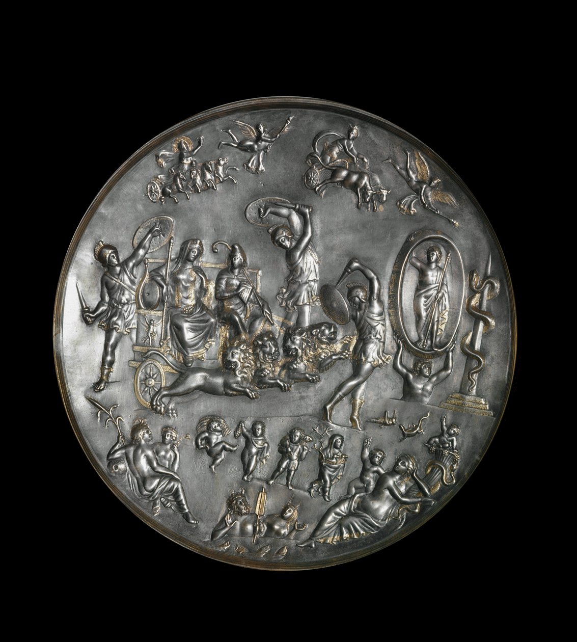 Patere de Parabiago, prato ritual de prata retratando o triunfo de Attis (ou Atys) e Cybele em uma carruagem disparada por leões, século IV. Prata: Diâmetro: 40 cm. Musee archelogique de Milão. - Patera de Parabiago, prato de prata ritual, representando o  de Roman