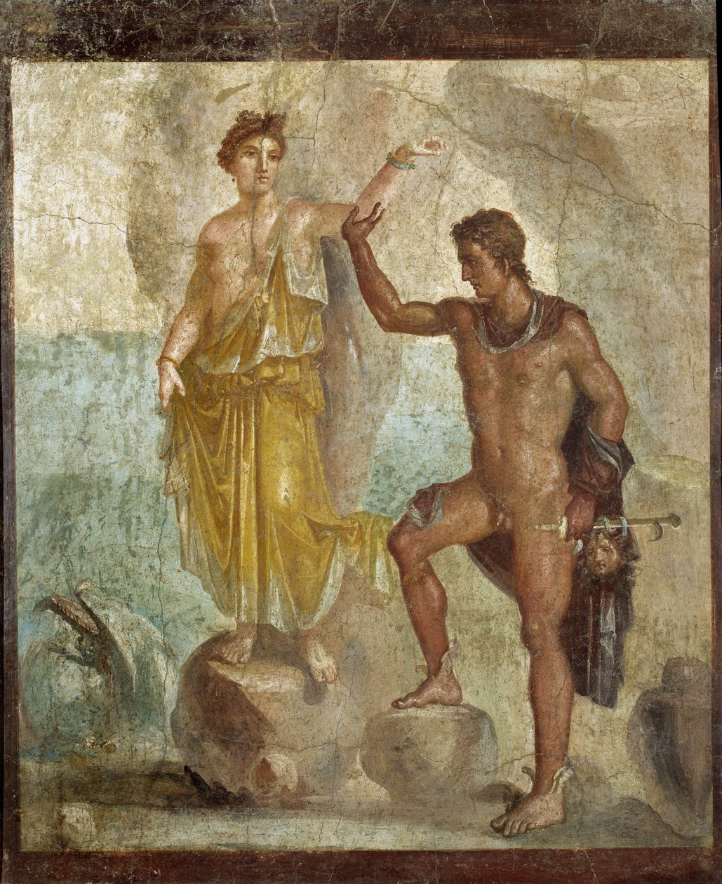 Perceba o libertador Andromede. Fresco 98x120cm. Provenant de la Maison des Dioscures (Casa dos Dioscuri) a Pompei. 300 ap JC. Museu Nacional de Arqueologia, Nápoles (Musee archeologique de Nápoles). ©Raffael/Leemage de Roman