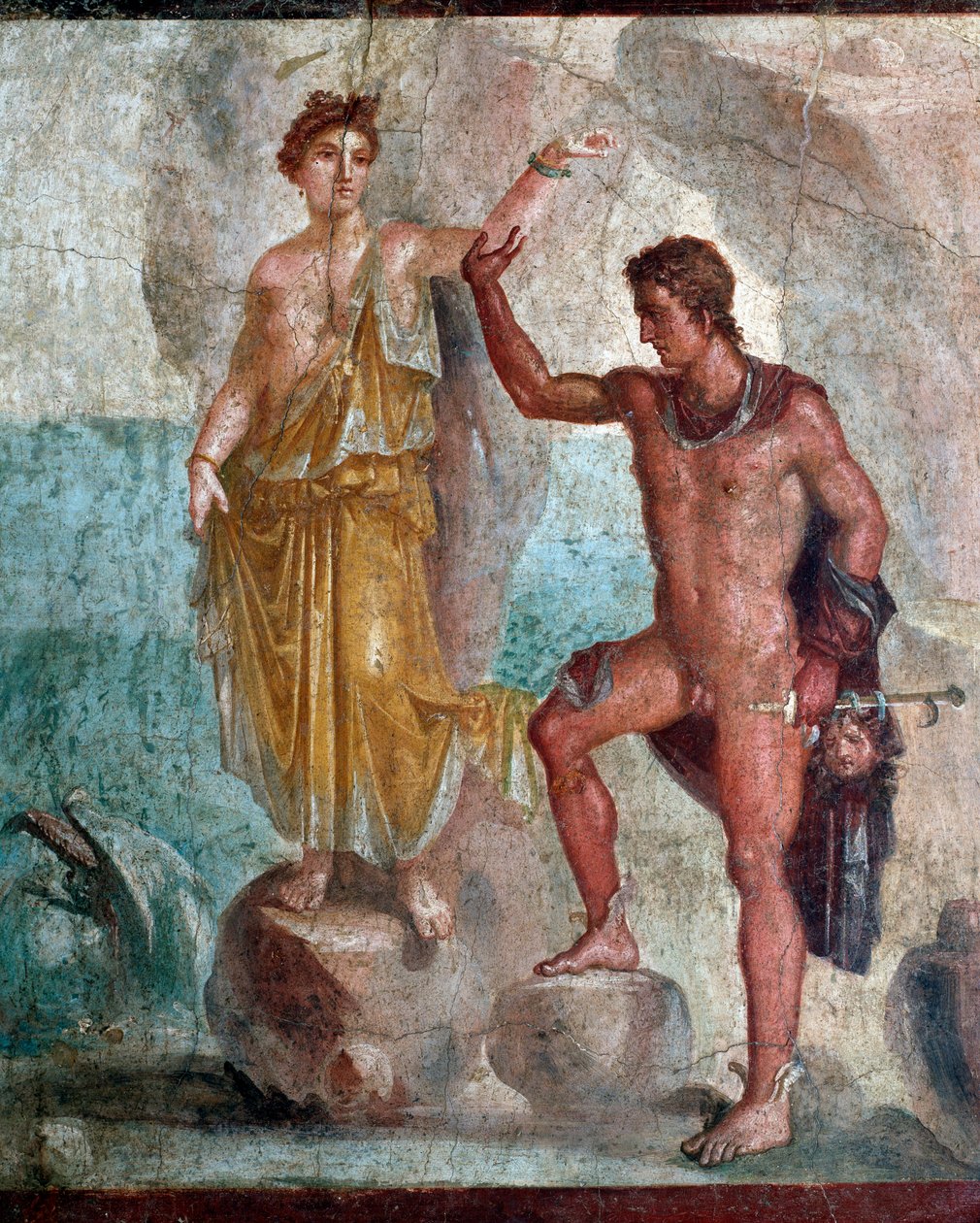Perseu segurando a cabeça da Medusa, pintando Andrômeda - afresco de Roman