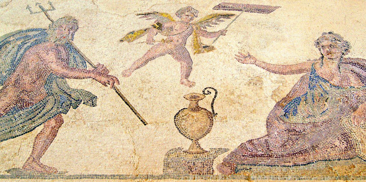 Poseidon e Amymone, casa de Dionísio, Paphos, Chipre (mosaico) de Roman