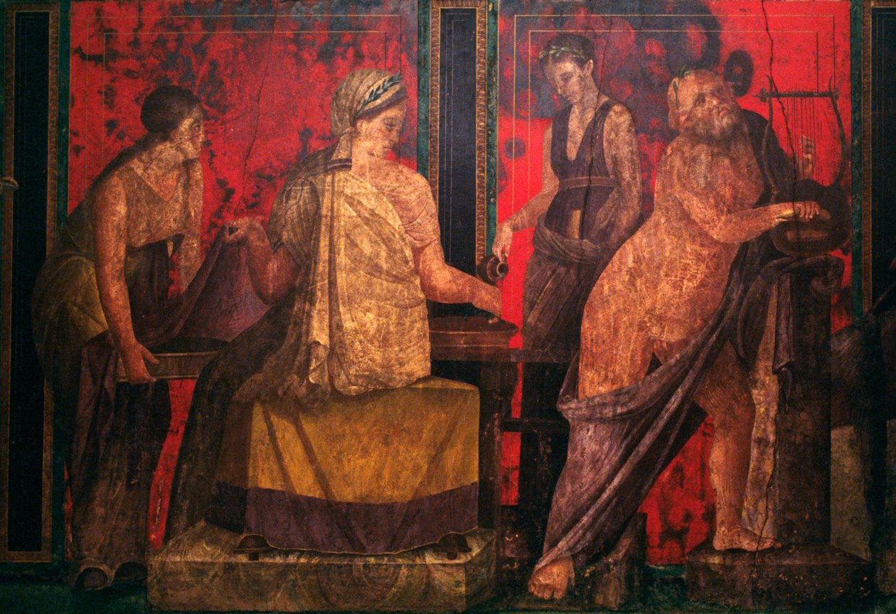 Sacerdotisa e um silenus tocando uma lira, cena da Iniciação aos mistérios Dioníacos, Triclínio da Vila dos Mistérios, Pompeia (Patrimônio Mundial da UNESCO) de Roman