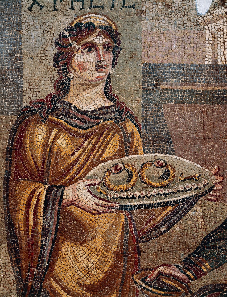 Prisioneira Chresis dando chaves de seu resgate ao seu captor Agamemnon, Detalhe do Mosaico de Chresis descoberto em Daphne, Antioquia, Turquia de Roman