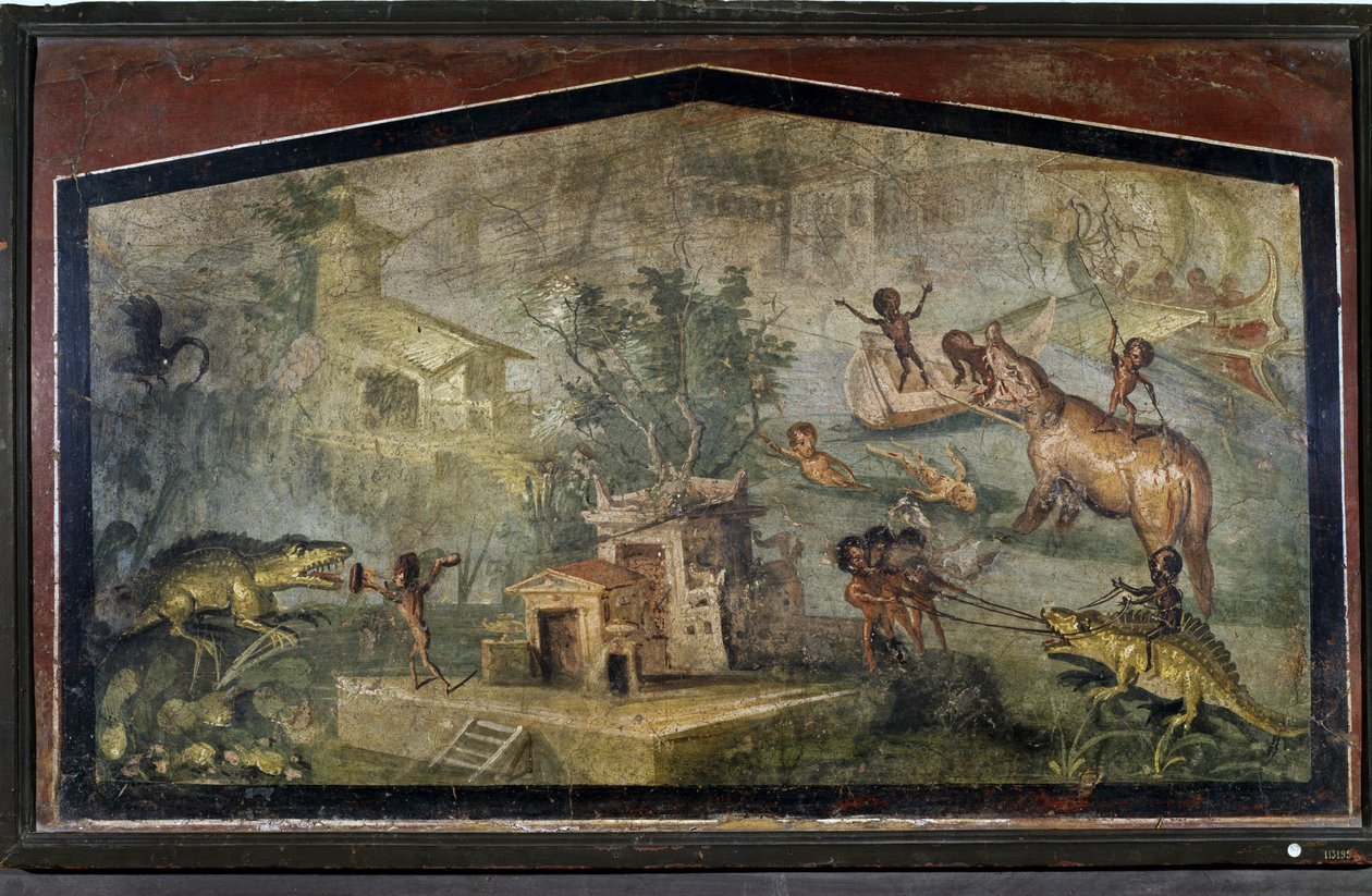 "Pigmeus caçando crocodilos e elefantes" de Pompeia de Roman