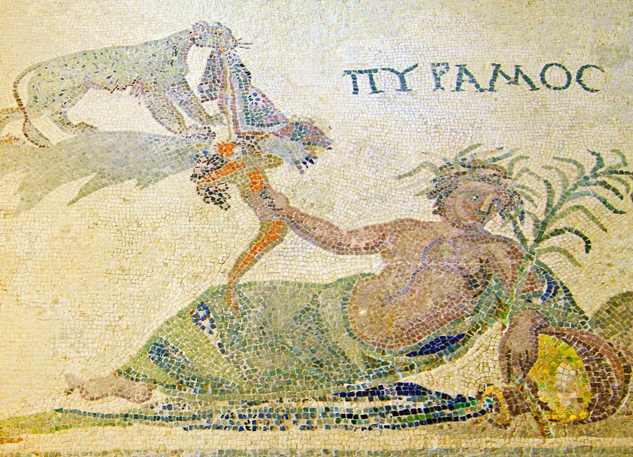 Piramus e thisbe, detalhe, de, pyramus, e, a, leopardo, casa, de, dionysos, paphos, chipre, mosaico de Roman