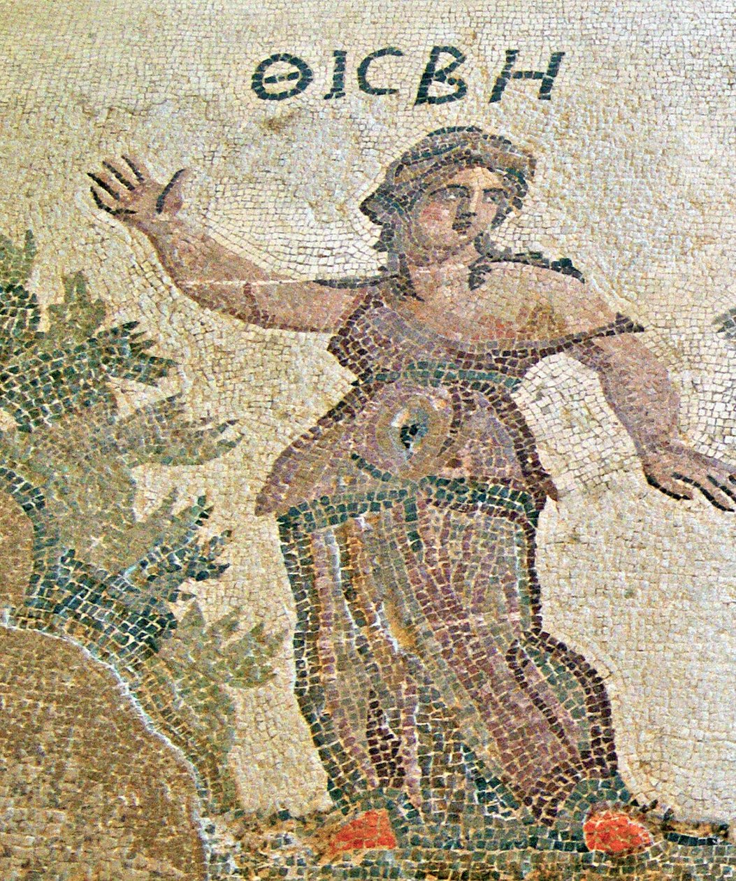 Piramus e thisbe, detalhe, de, Thisbe, casa, de, dionysos, paphos, chipre, mosaico de Roman