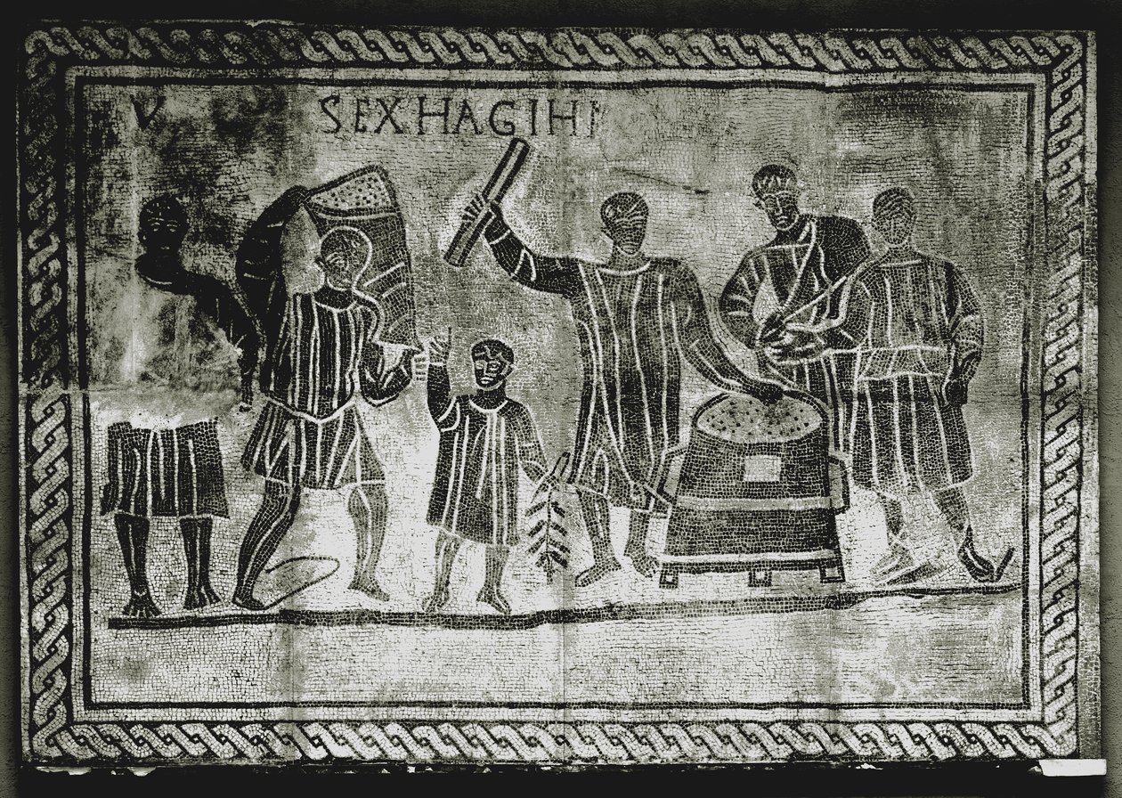 ARTE ROMANA: Medição do grão (milho). O dote de milho que Gaius Gracchus ..., século II d.C. (mosaico) de Roman