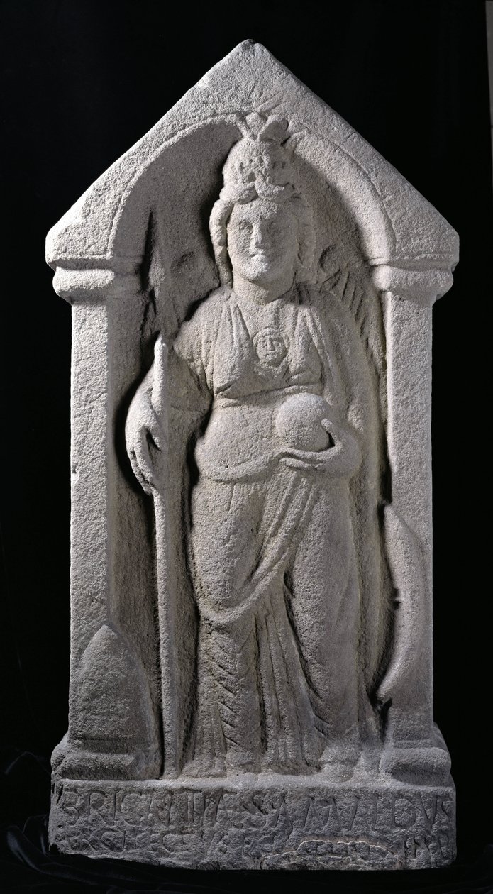Escultura em relevo representando Brigantia, uma deusa nativa do norte da Inglaterra, como uma deusa romana, de Birrens, Middlebie, Dumfriesshire (pedra) de Roman