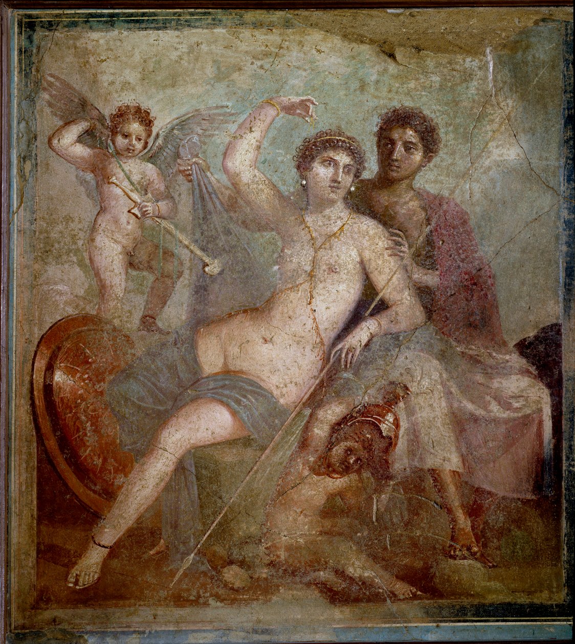 Representação de Ares e Afrodite, acompanhados de amores brincando com as armas do deus. Fresco da Vila de Marte e Vénus em Pompeia. Século I d.C. Museu Arqueológico de Nápoles - arte romana: Ares, Afrodite e Eros. Afrodite (Vénus) recl de Roman