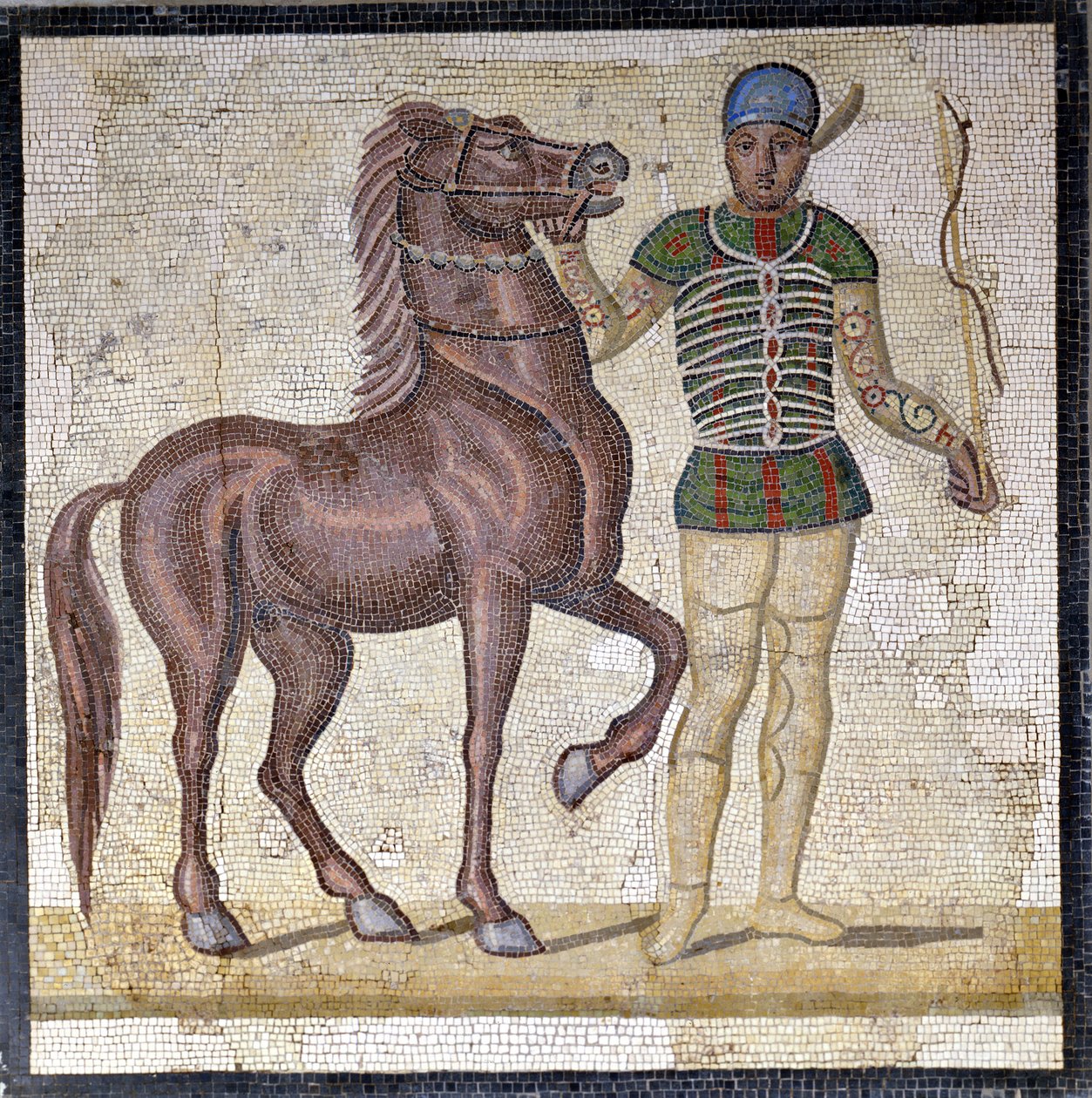 Representação das quatro facções do circo romano: os Verdes (factio prasina). As facções eram clubes envolvidos em competições circenses no Alto Império (século I d.C.) e caracterizados por uma cor. Mosaico, Roma Museo nazionale Romano. de Roman