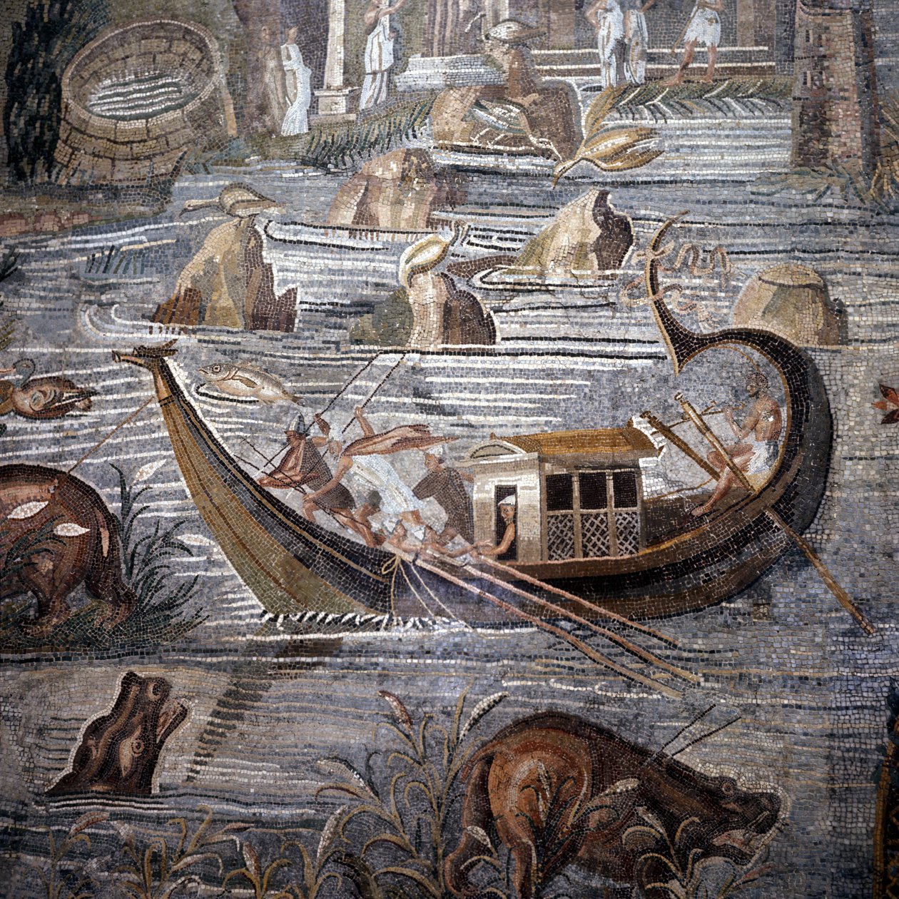 Navio fluvial do século I a.C. Detalhe do mosaico de Palestrine. O leme está na popa e duplo. Este mosaico vem do Templo da Fortuna e está agora preservado no Palácio Barberini. de Roman