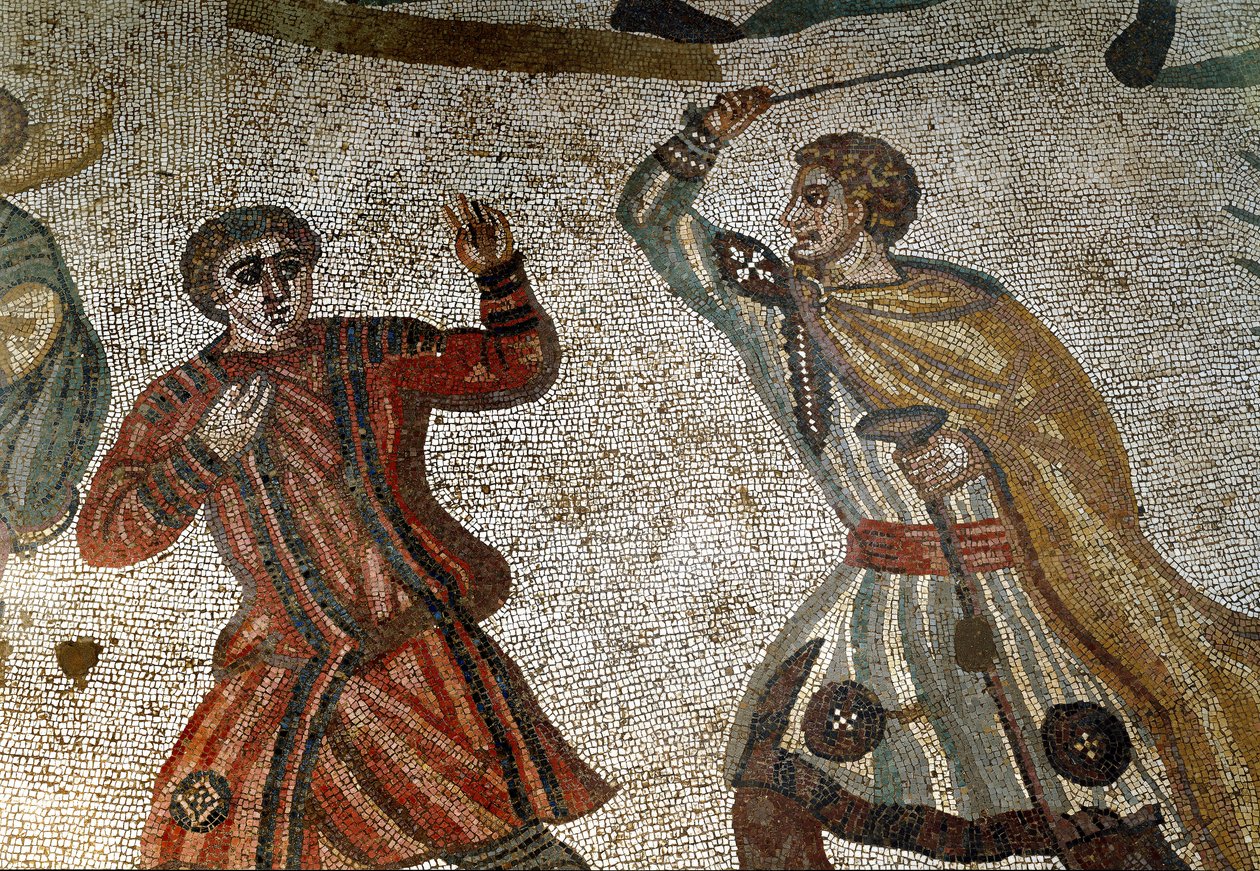 Arte Romana: Detalhe do mosaico "A Grande Caça" Um aristocrata romano castiga um dos seus escravos com um pau. 315-350 D.C. Piazza Armerina, Villa Romana del Casale de Roman