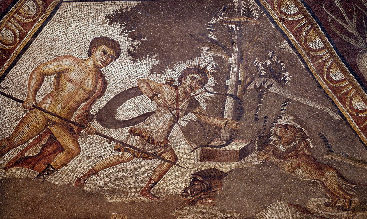Arte Romana: Mosaico das estações do pátio da vila Constantina de "Daphne" representando dois caçadores. Detalhe. Do Faubourg de Antioche-sur-l