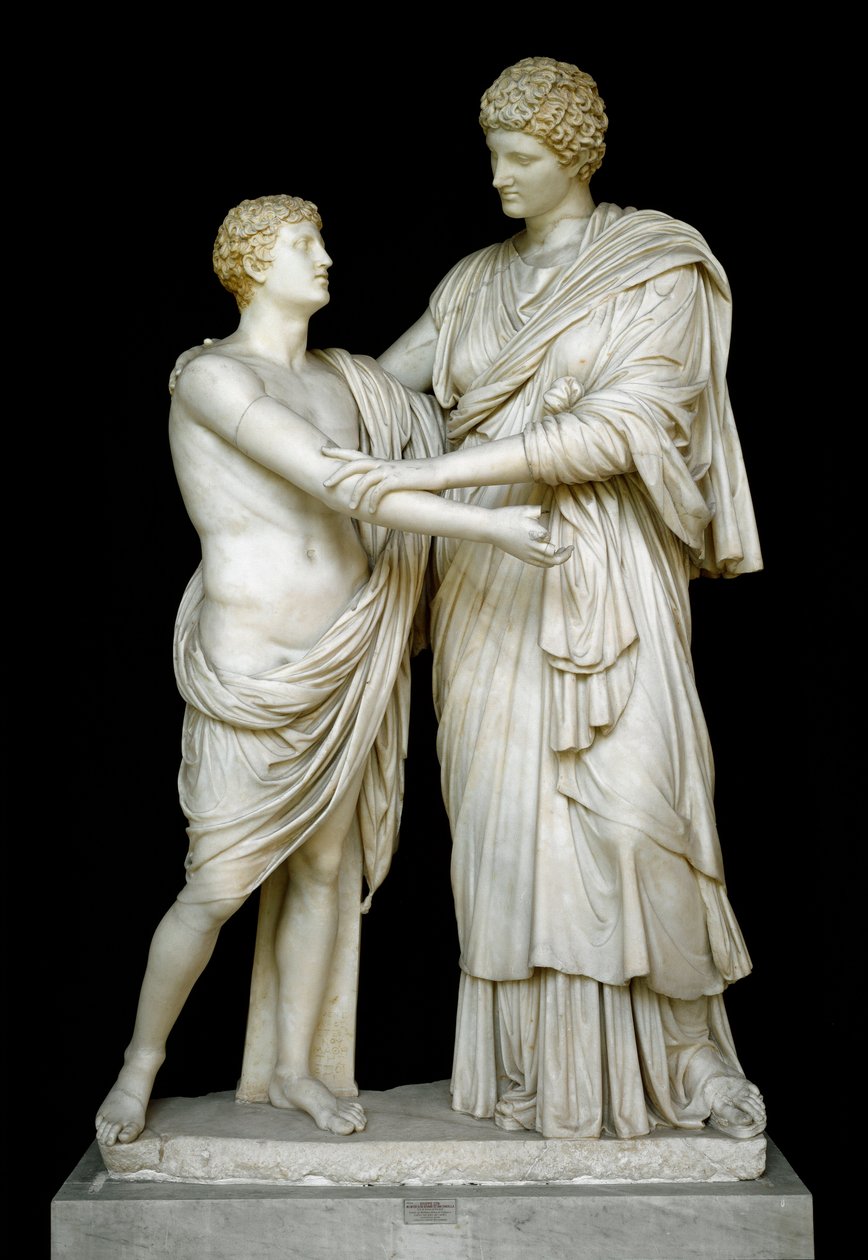 Arte Romana: Escultura em mármore "Oreste et Electre" do século I d.C. Da colecção Ludovisi, Dim. 192 cm - Roma, Museo Nazionale Romano (o delle Terme) Itália - Orestes e Electra - Escultura em mármore (H. 210 cm), Período Imperial Romano (27 AC-476 de Roman