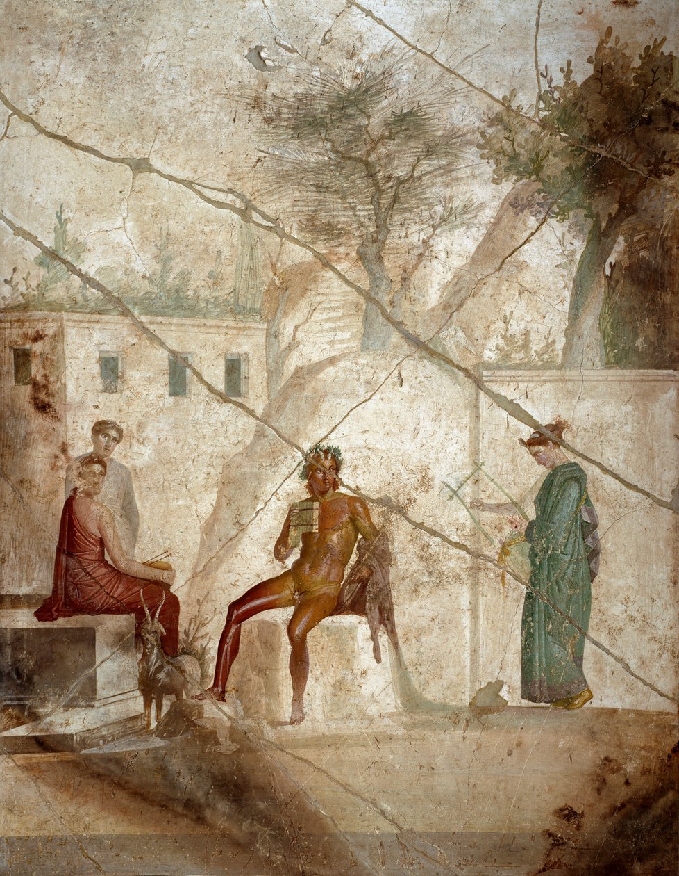 Arte Romana: "Pan músico com ninfas" Fresco atribuído ao mestre Chiaro. Século I. De Pompéia. Nápoles, Museo Archeologico Nazionale de Roman
