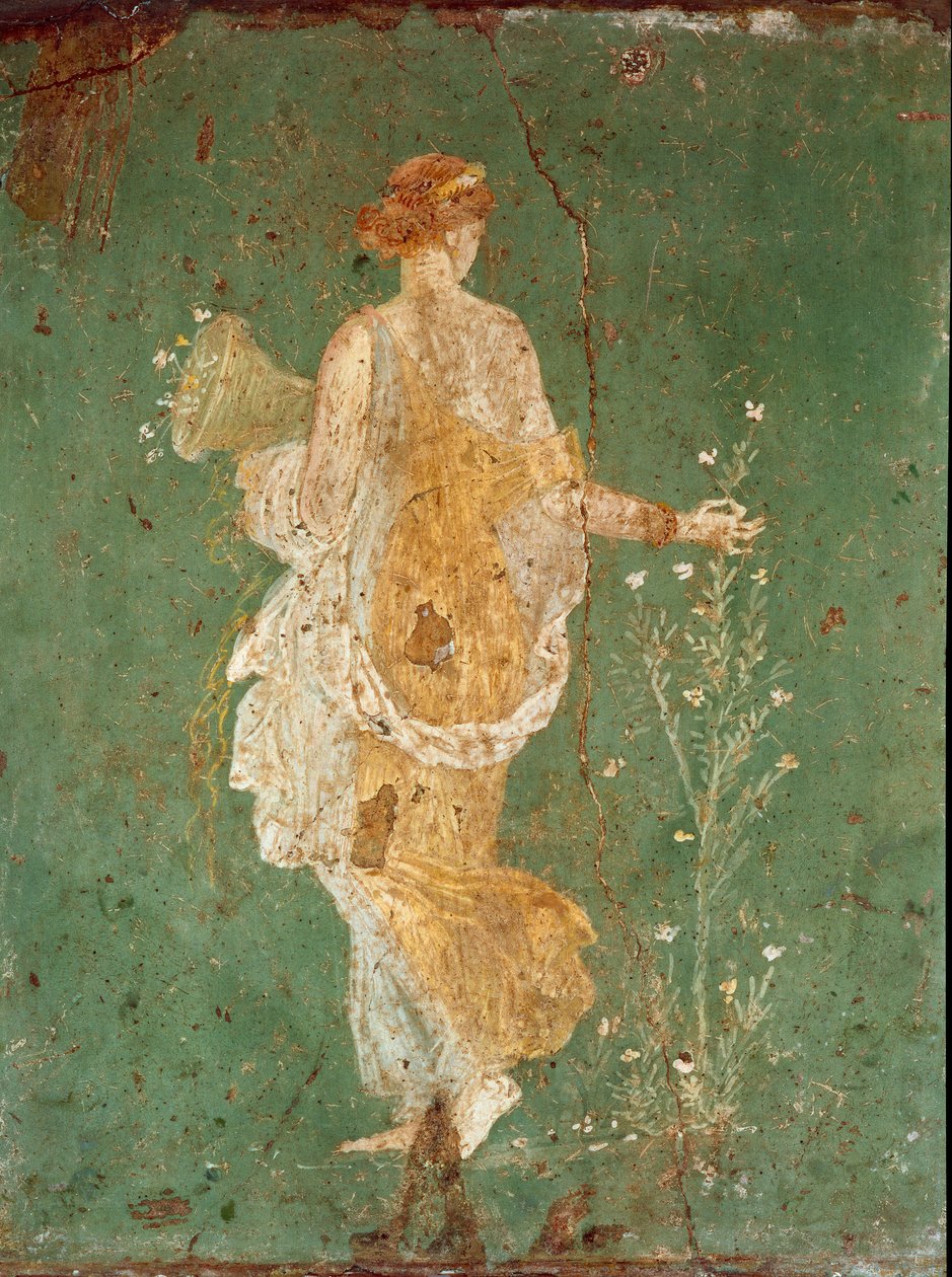 Arte Romana: "Primavera" Flora (Flora) colhendo flores. Afresco da vila de Varano a Stabies (Stabiae), perto de Pompéia. 15 BC-60 AD. Museo Archeologico Nazionale, Nápoles - arte romana: Primavera, Flora colhendo flores. Fresco da vila de Varano a Stabiae de Roman