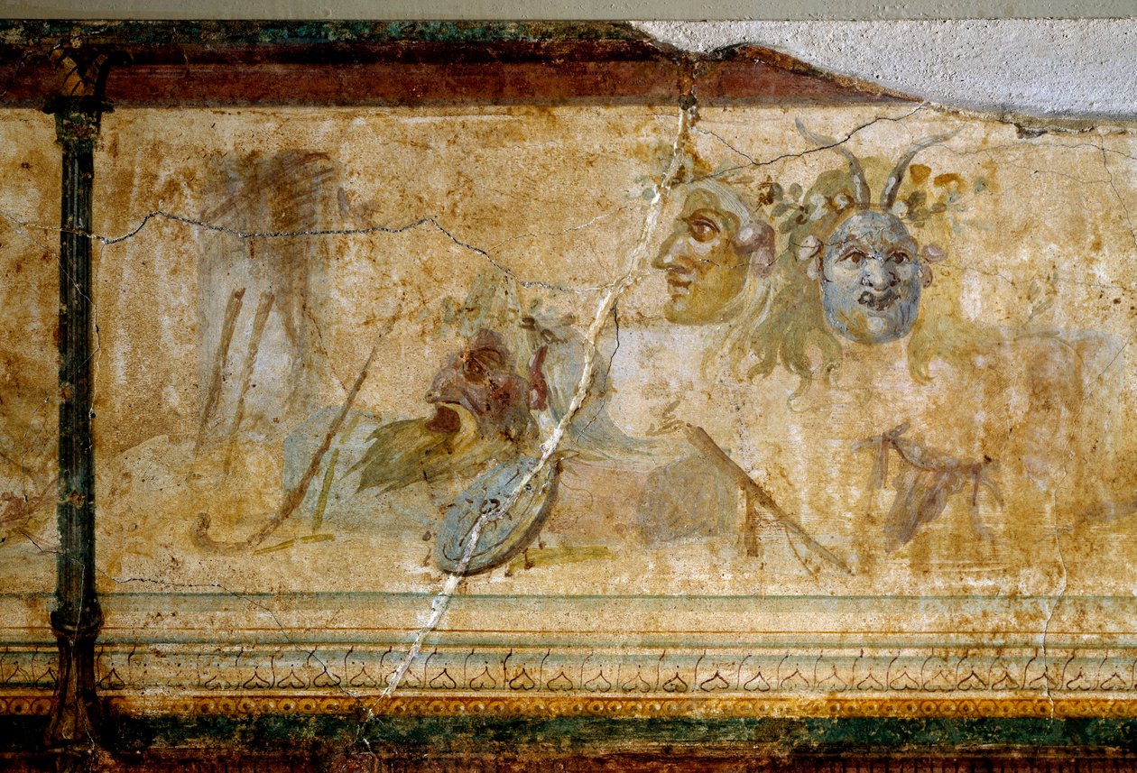 Arte Romana: "Natureza Morta com Máscaras de Teatro" Detalhe. Fresco por volta de 25-19 a.C. Dim. 23 cm Roma, Museo Nazionale Romano (o delle Terme) de Roman