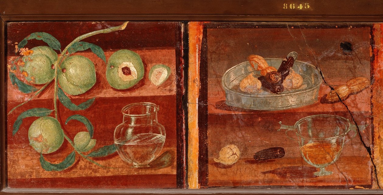 Arte Romana: "Natureza morta de pêssegos e frutos secos" fresco romano de Pompéia. Século I a.C. - Século I d.C. Conserva no Museu Nacional de Arqueologia de Nápoles. Itália de Roman