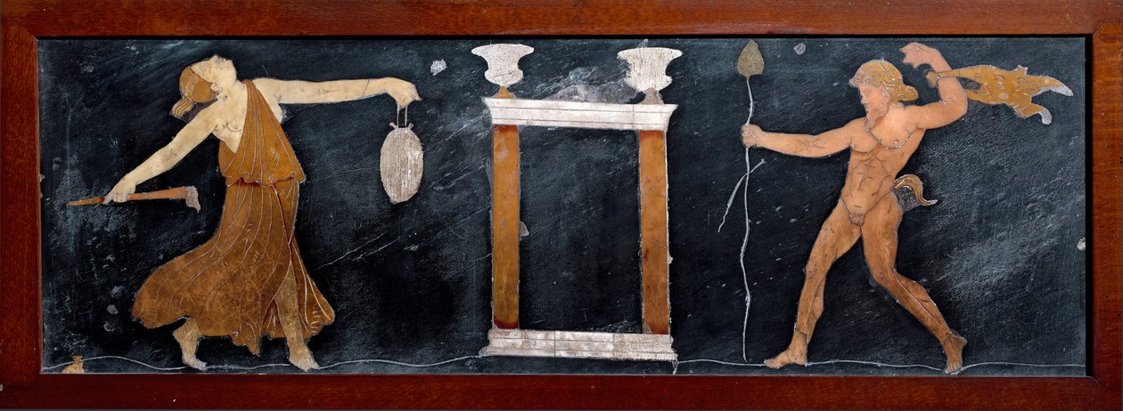 Arte Romana: "A dança de um menade e um sátiro perto de um pequeno templo" Marquetry de Pompei. Dim. 23x67 cm Museo Archeologico Nazionale, Nápoles de Roman