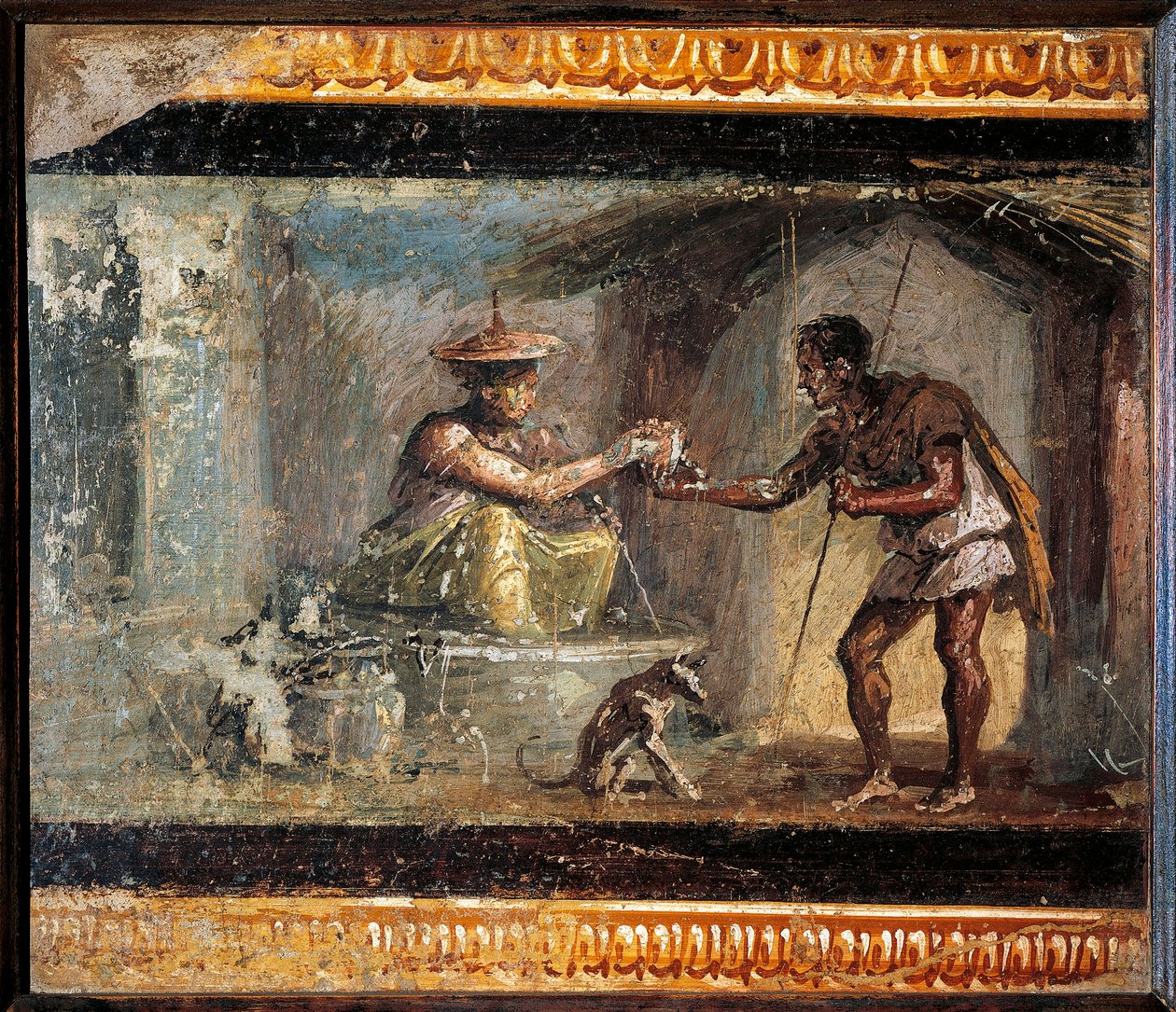 Arte Romana: "O viajante e o mágico" fresco romano da villa dei Dioscuri em Pompei. Século I d.C. Conserva no Museu Nacional de Arqueologia de Nápoles. - Arte romana: O Viajante e o Mágico. Mulher que oferece uma bebida a um viajante, em de Roman
