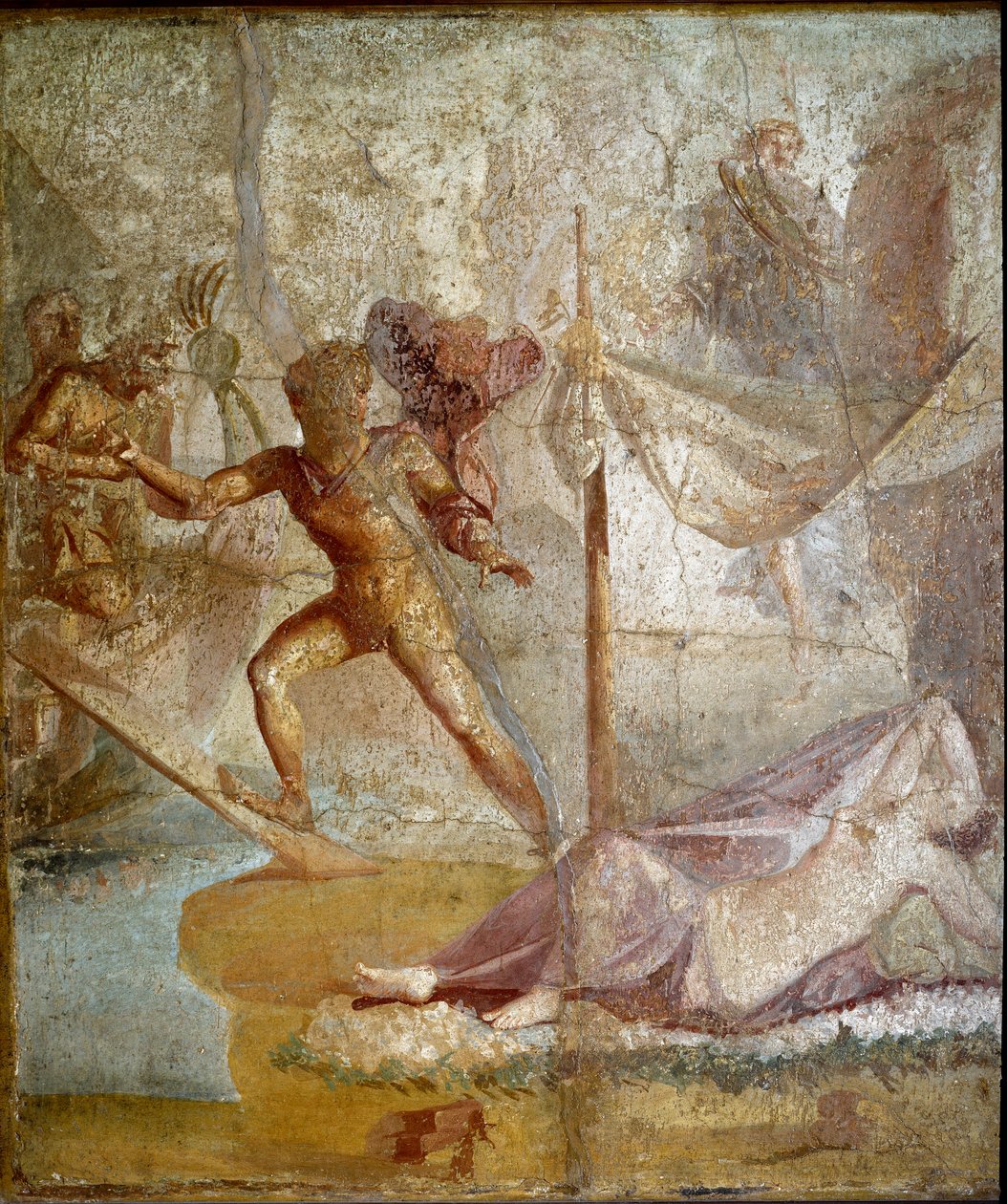 Arte Romana: "Thesee abandona Ariane" fresco romano do site Pompei. Século I d.C. Nápoles, Museo Archeologico Nazionale de Roman