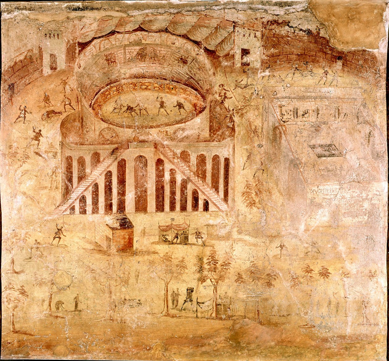 Arte Romana: "Luta violenta entre os habitantes de Nocera e os Pompeus no anfiteatro de Pompei em 59 d.C." Detalhe de um fresco. Século I d.C. Do sítio de Pompéia. Nápoles, Museo Archeologico Nazionale de Roman