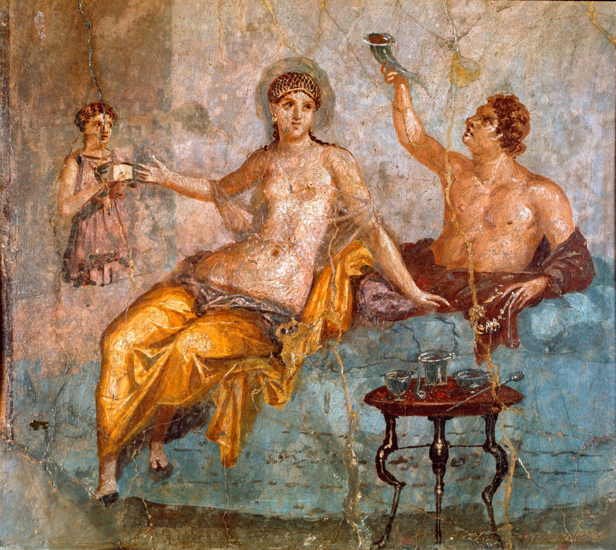 Arte Romana: cena de banquete, um jovem e uma cortesã (um banquete na Roma antiga, um jovem e uma cortesã) Afresco romano do 4º estilo Pompeu do local de Ercolano (Herculanum ou Herculaneum) 60-80 d.C. Dim 65x66 cm Apresentado na National de Roman