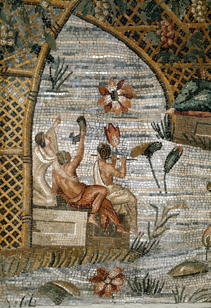 Arte Romana: detalhe do Mosaico Nilótico (Nilo) do Preneste (Palestrina) do Santuário da Divindade da Fortuna Primigênia. 80 AC. Dim. 615x506 cm Palazzo Barberini Palestrina, Itália de Roman