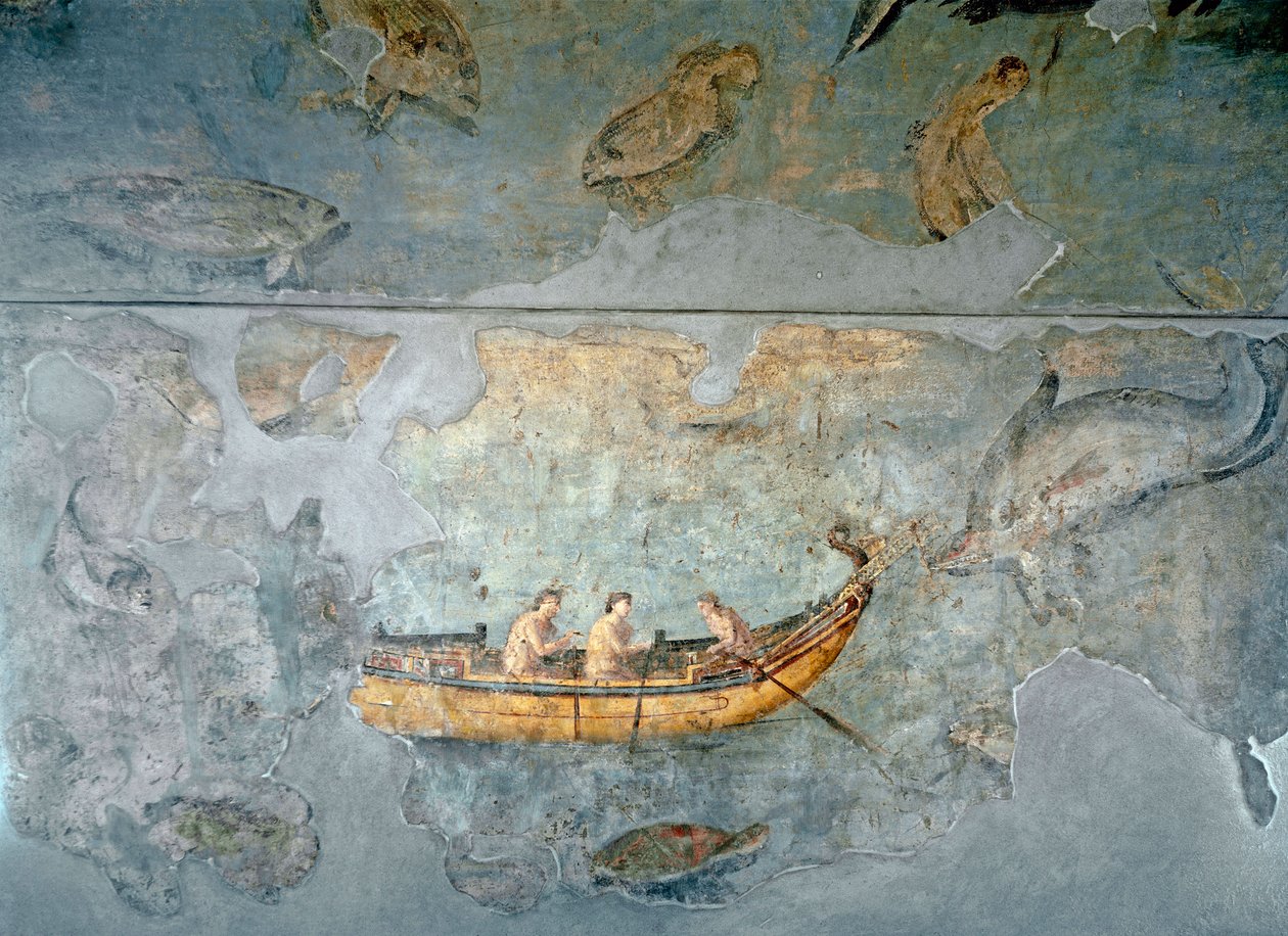 Arte Romana: "pescadores num barco" Fresco de uma casa localizada perto de um porto fluvial de Roma. 131 AD. Roma, Museo Nazionale Romano (o delle Terme) de Roman