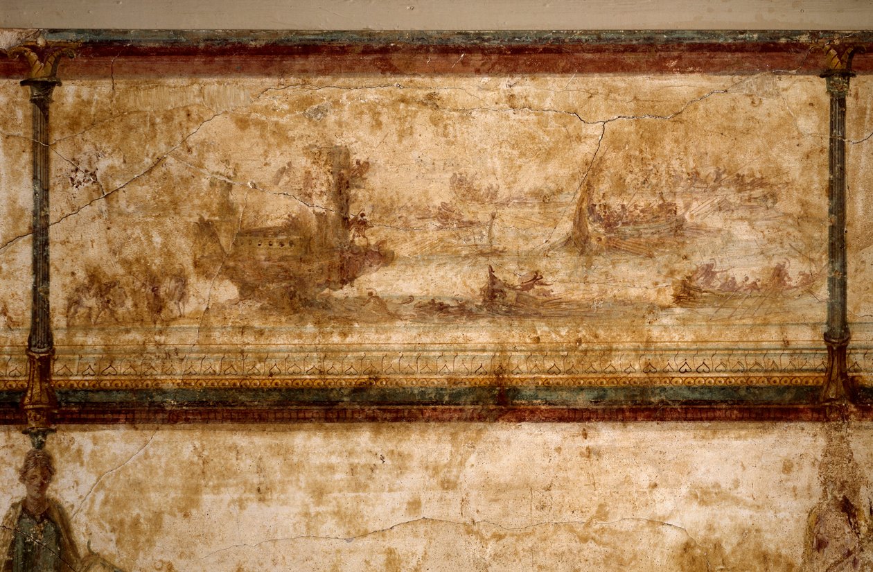 Arte Romana: "cena marítima, com birems e triremes" Fresco por volta de 25-19 AC. Dim. 73 cm Roma, Museo Nazionale Romano (o delle Terme) de Roman