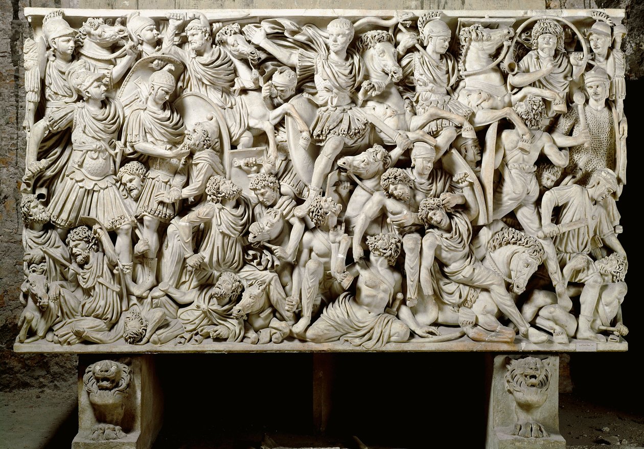 Arte Romana: sarcófago Ludovisi com cena de batalha opondo os romanos aos bárbaros - século III d.C., Dim. 153x273 cm - Roma, Museo Nazionale Romano - Ostiliano, filho do Imperador Decius (201-51 d.C.) cercado de cavalaria, da Batalha entre Romanos e de Roman