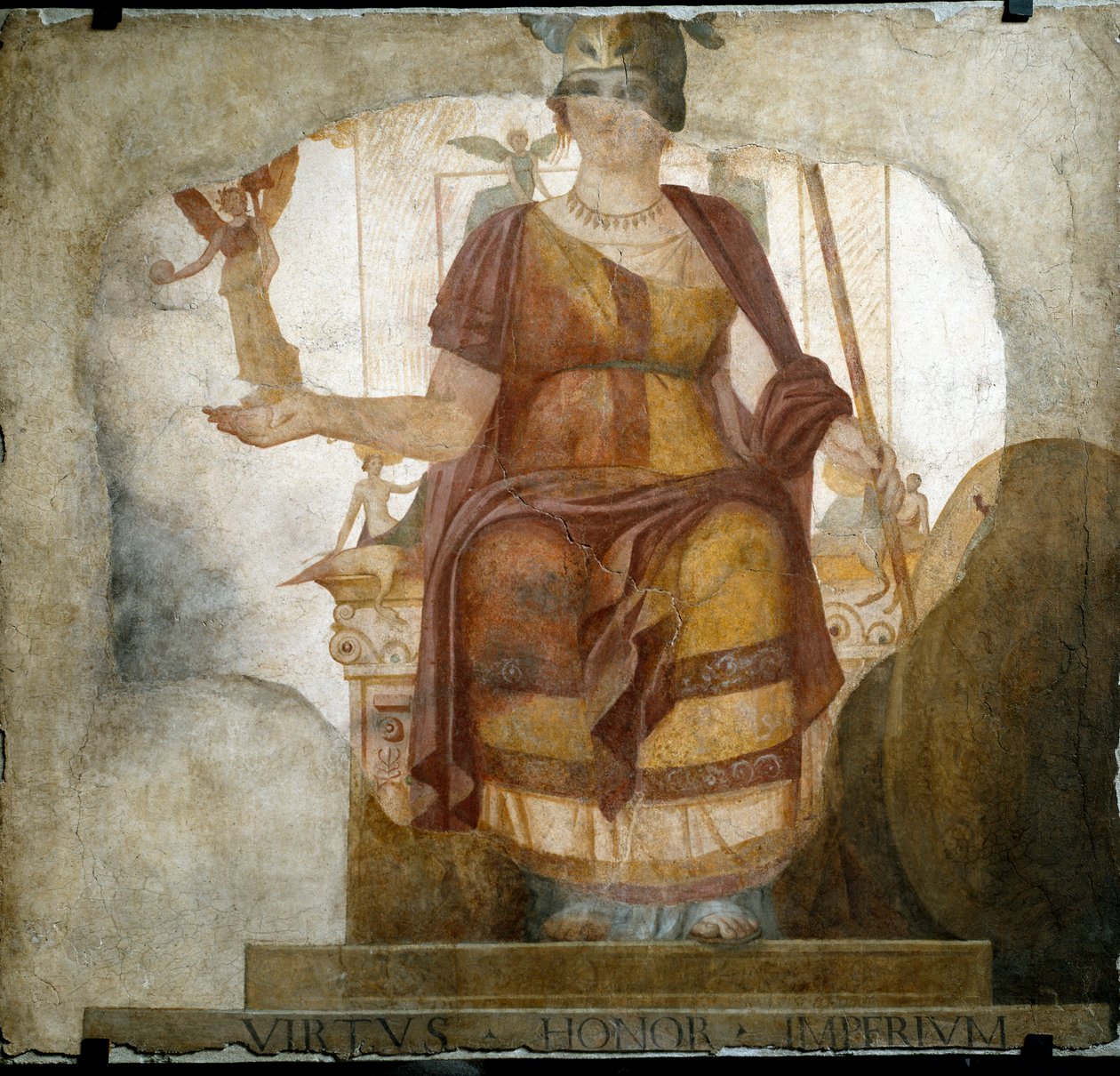 Arte Romana: "a Deusa Vênus sentada personificando Roma chamada Deusa Barberini" Fresco do século IV depois de JC. Do Baptistério de São João de Latrão (São João de Latrão) em Roma. Roma, Museo Nazionale Romano (o delle Terme) de Roman