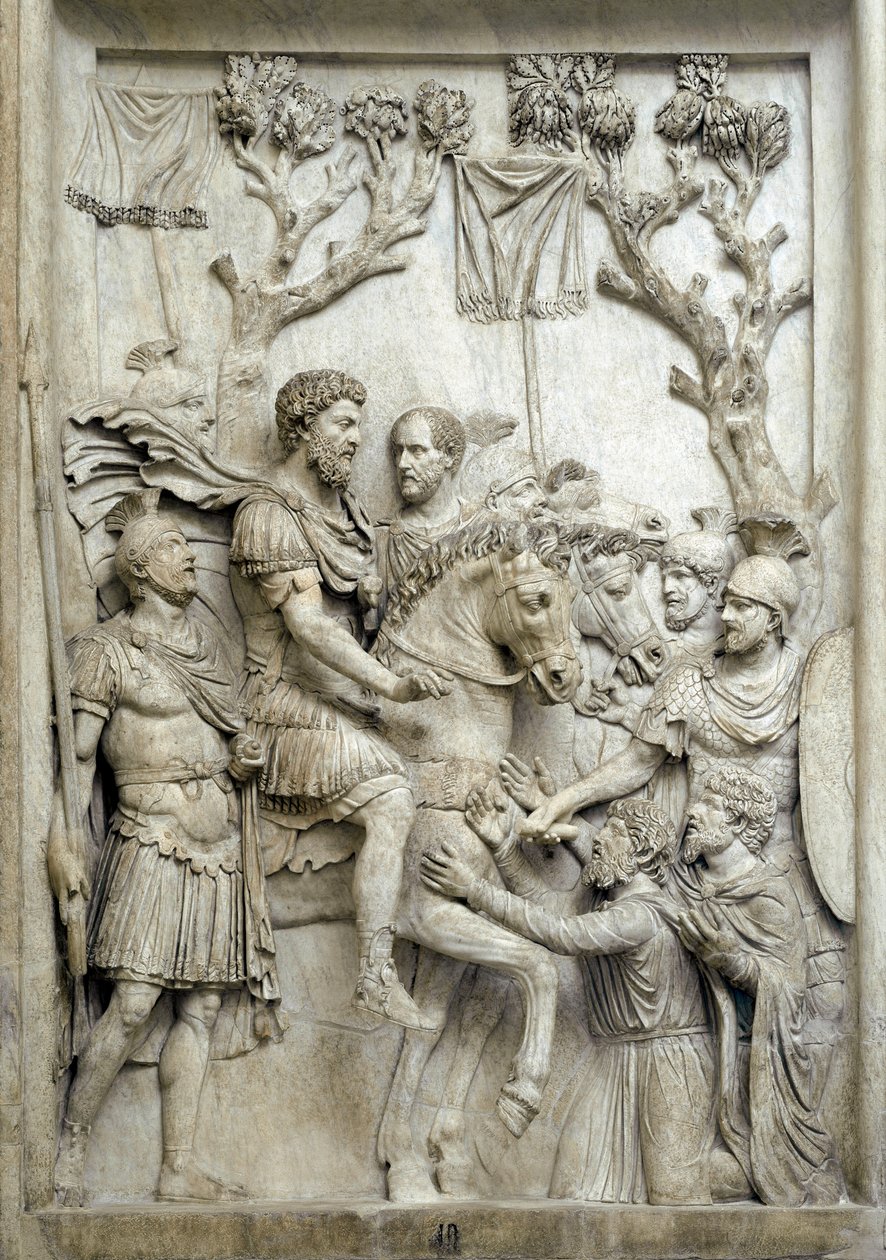 O Imperador Romano Marco Aurélio perdoa os inimigos derrotados, c.176-180 (Relevo em mármore) de Roman