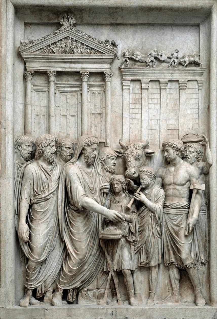 Imperador Romano Marcus Aurelius sacrificando diante do Templo de Júpiter, Roma, c.161-180 (Relevo em mármore) de Roman