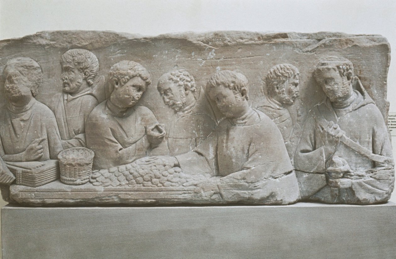 Estela funerária romana representando uma cena de pagamento de impostos, Neumagen-Dhron, Alemanha de Roman