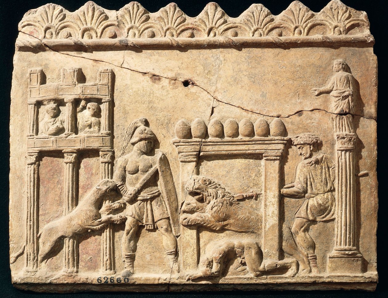 Alívio Romano retratando leões e gladiadores lutando no circo de Roman