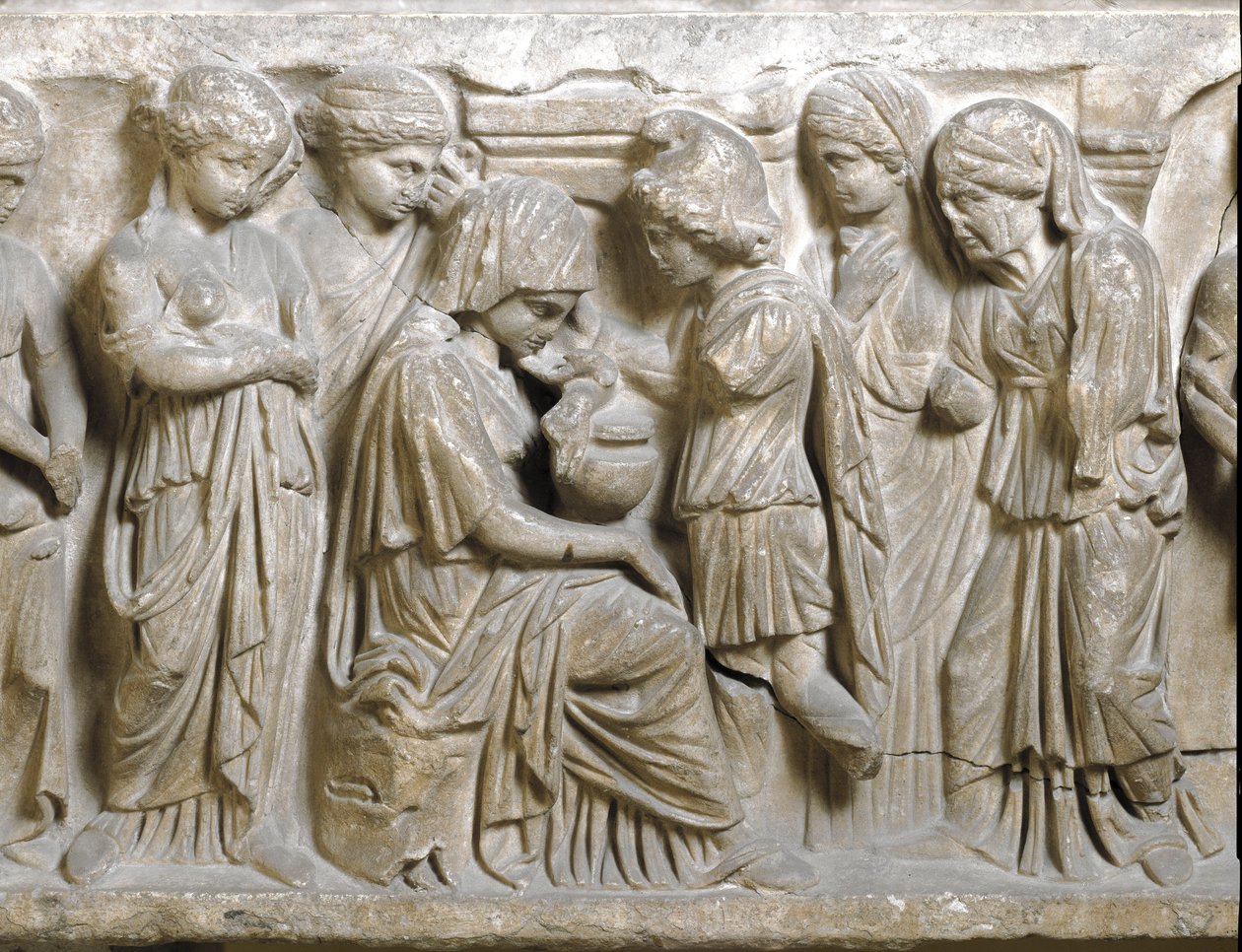 Antiquidade romana: "A tristeza de Phedrus apaixonado e repelido por Hippolyte" Baixo relevo do sarcófago chamado "Phedrus e Hyppolite". 3º AD. Palermo, Museo Archeologico Nazionale de Roman