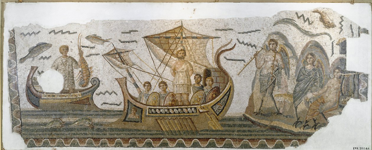 Antiquidade romana: "Ulisses no seu barco resiste ao canto das Sereias" (Odyssee d