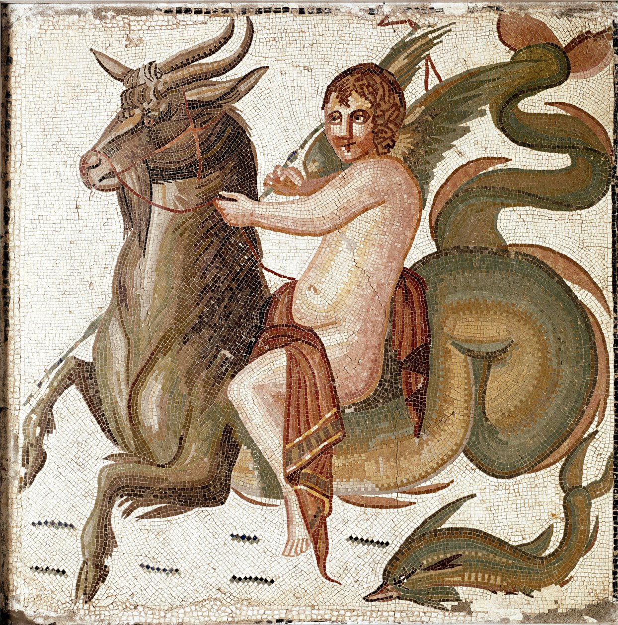 Arte romana: "Cupido montado numa criatura marinha" Mosaico de uma vila da família do Imperador Septius Severe. Fim do século II depois de JC. Roma, Museo Nazionale Romano de Roman